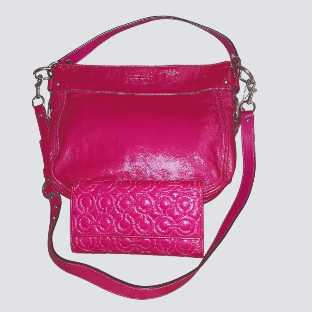 Large Vintage Vtg Coach Zoe Patent Leather Pink Bag, Coach Optic Wallet Pink…